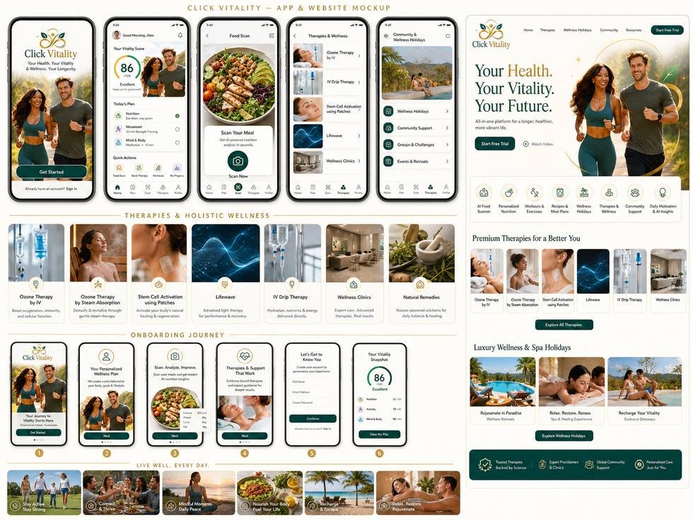 Click Vitality app and website mockup showing Vitality Score, AI food scanner, therapies, wellness holidays and onboarding journey