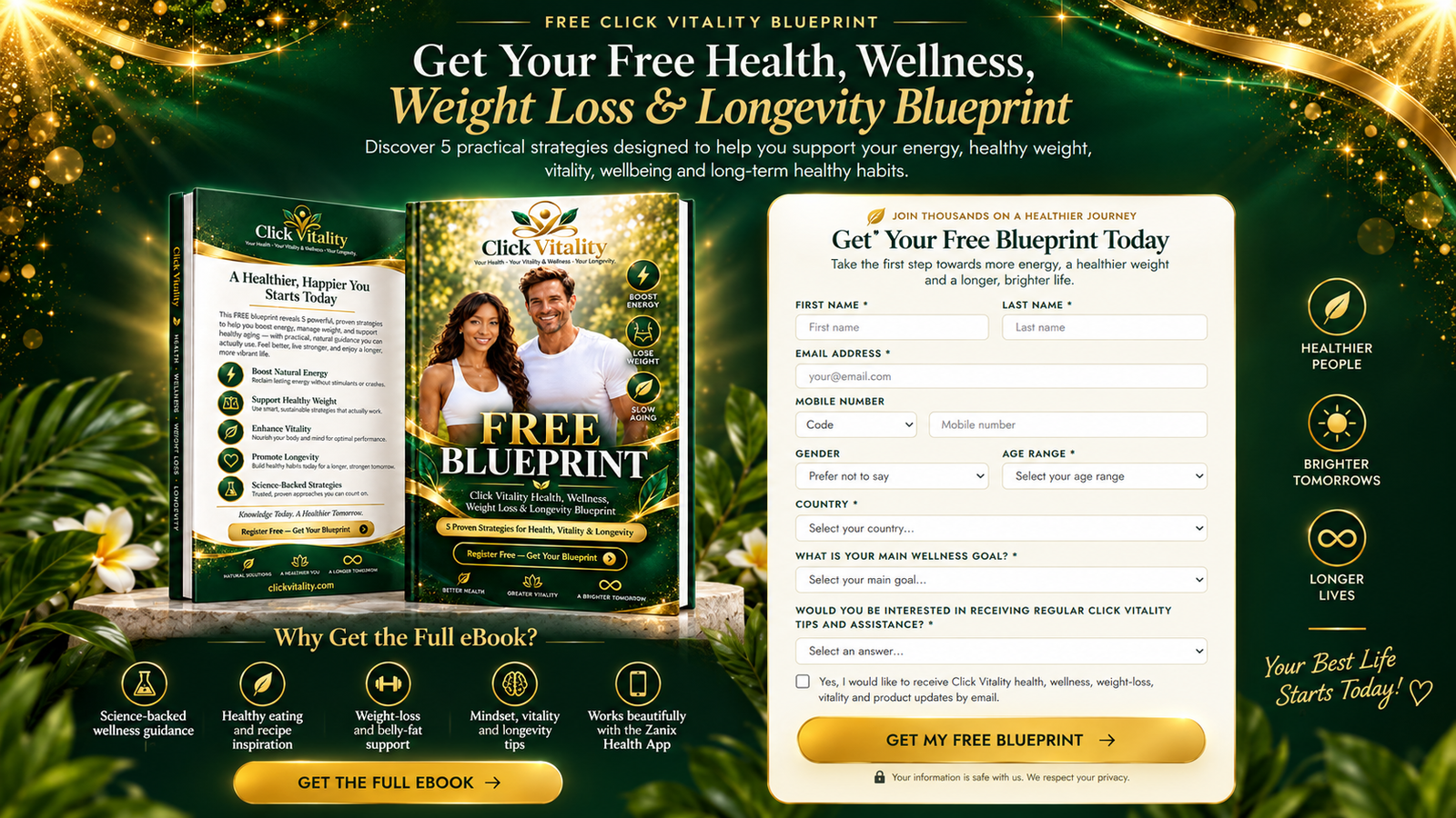 Click Vitality Free Blueprint cover — Health, Wellness, Weight Loss and Longevity guide, 5 proven strategies